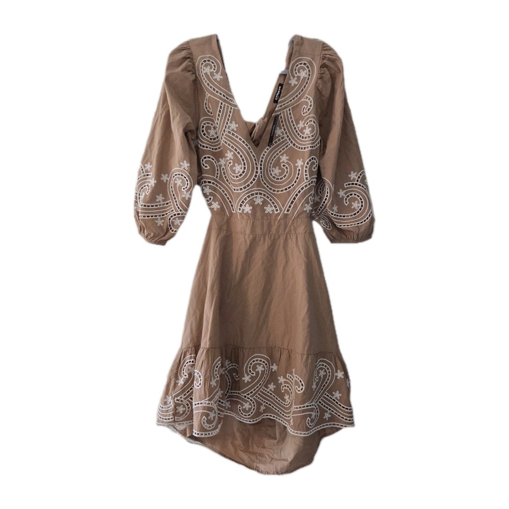 Express Womens Large Embroidered Midi Dress Puff Sleeve Bow Back NWT $118